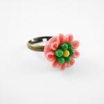 Pink Clay Flower Adjustable Antique Bronze Ring